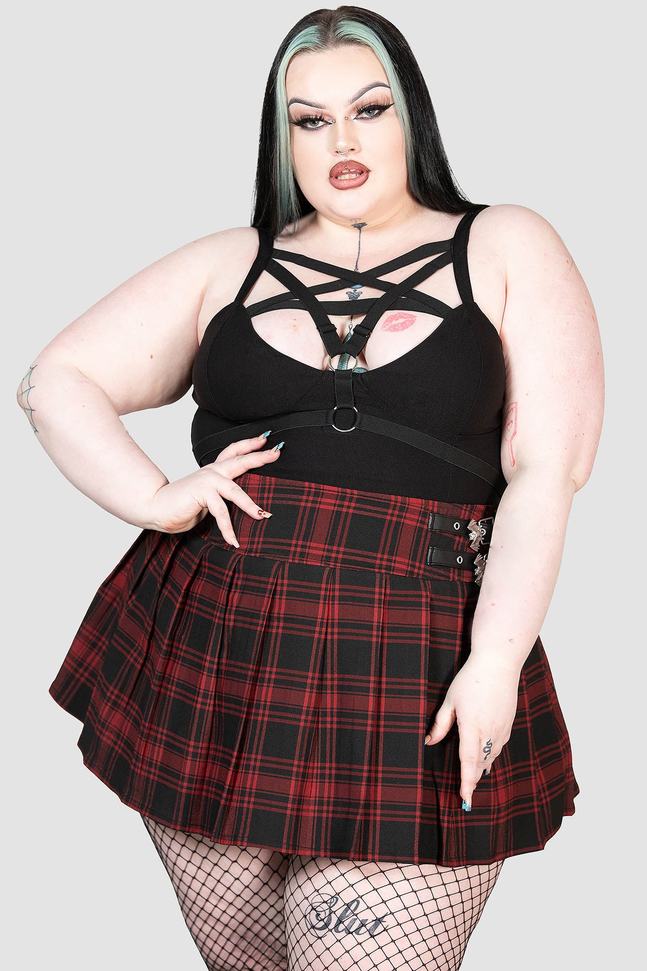 Plus Size Red Black And White Plaid Mini Skirt Black And White