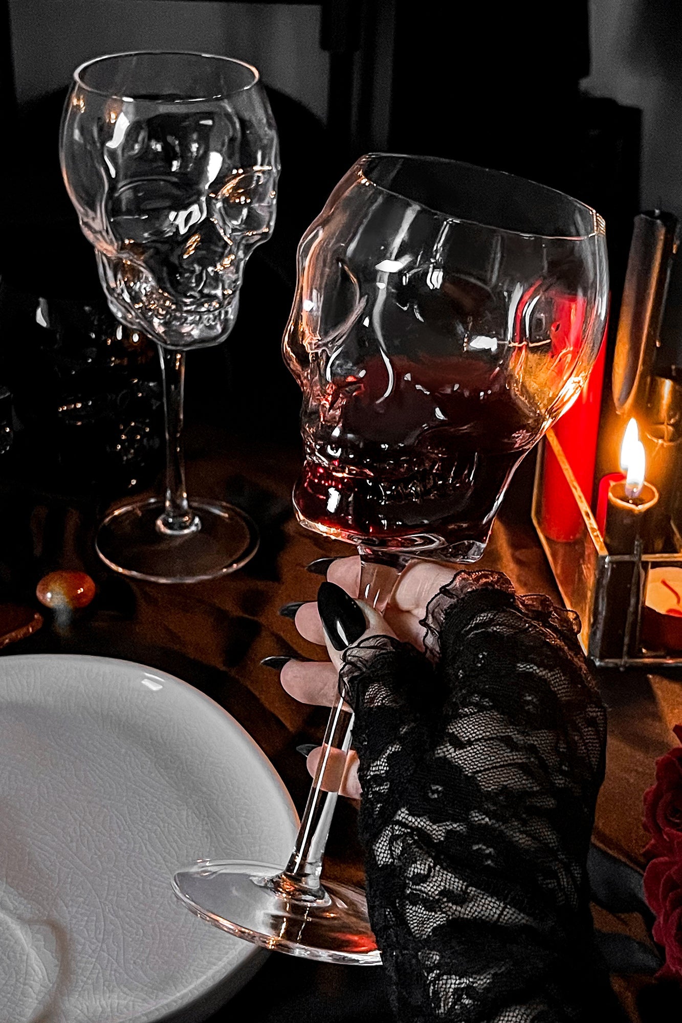 HALLOWEEN STEMWARE SKULLS SPELLBOOKS SNOWGLOBE on sale WINE GLASSES GOTHIC 2 PC!