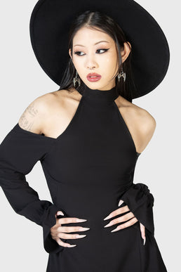 Carrie Midi Dress - Asymmetric Side Cut Out One Shoulder Dress in Black