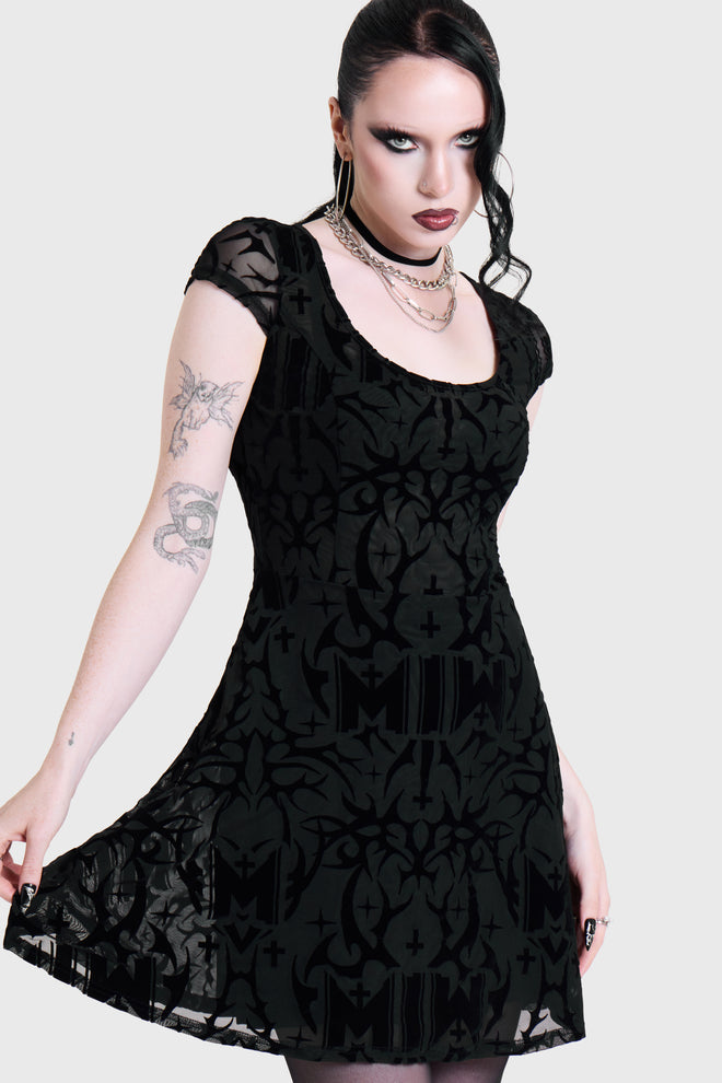 ETERNALLY YOURS FLOCKED MESH SKATER DRESS