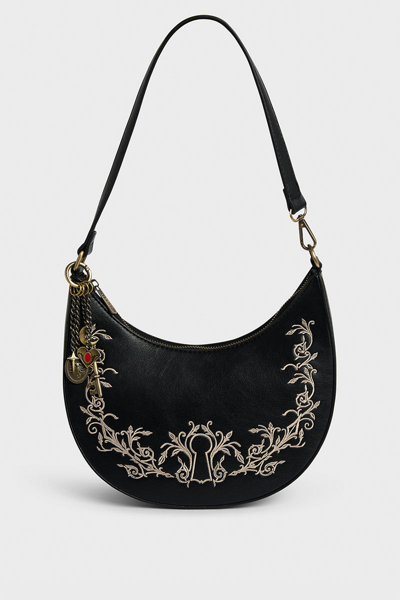 Gold Lock Embroidered Shoulder Bag