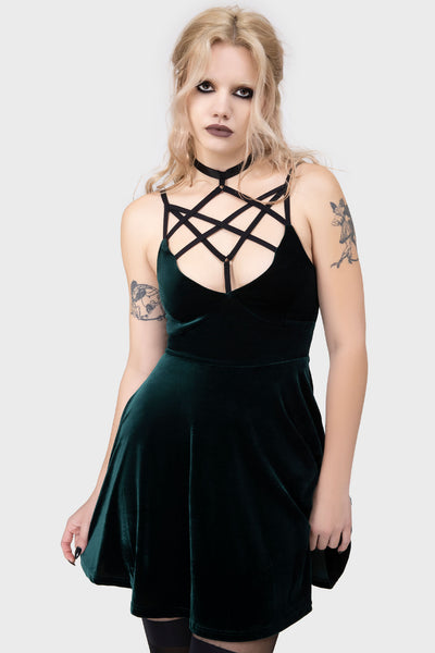 emerald green velvet skater dress Vintage 90s Crushed Velvet Skater Dress: Dark Green Long Sleeve, Size M