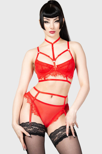 Victoria's Secret 34C BRA SET+GARTER SLIP corset Black RED satin Sexy  Seduction